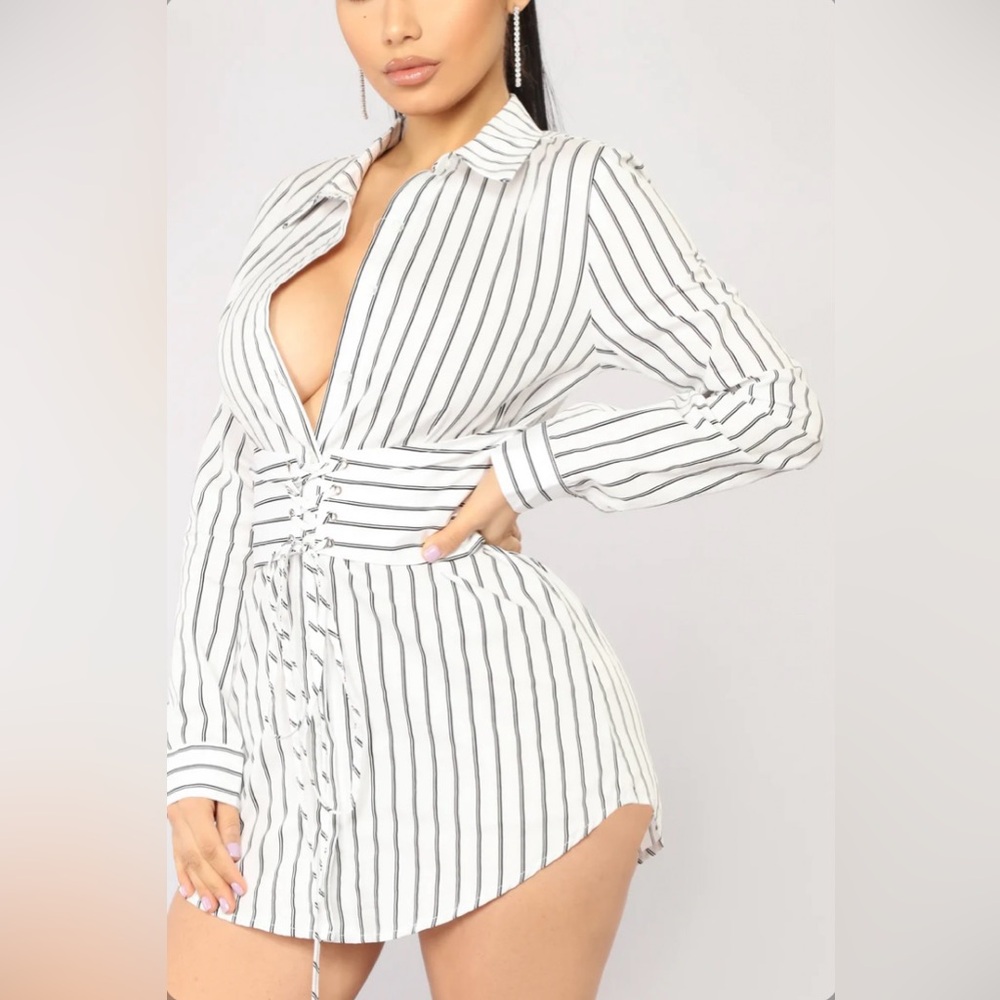 Striped White and Black Women's Shirt Dress